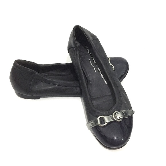 AGL Black Buckle Patent Cap Toe Ballet Flats - Picture 1 of 8